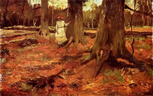 A Girl in White in the Woods by Oil Painting Reproduction