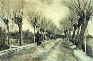 Road with Pollarded Willows and a Man with a Broom by Oil Painting Reproduction