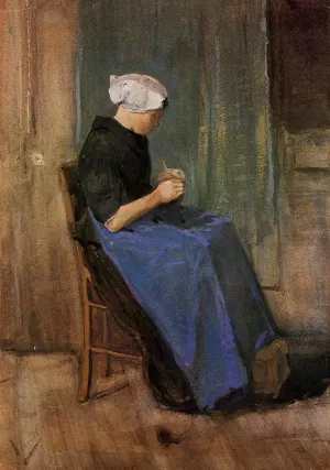 Young Scheveningen Woman Knitting by Vincent van Gogh Oil Painting Reproduction